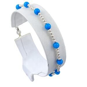 Vintage Sterling Silver 925 Blue Glass Bead Bracelet  | 90's Jewelry | 7"